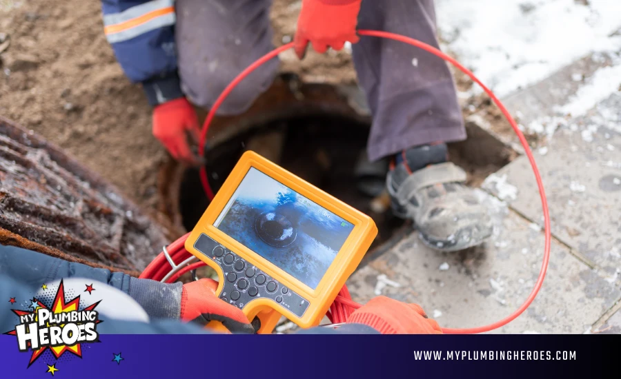 Professional plumber inspecting a blocked sewer line