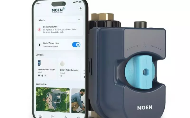 Moen Flo Smart Water Monitor and Shutoff with smartphone app showing leak detection alert